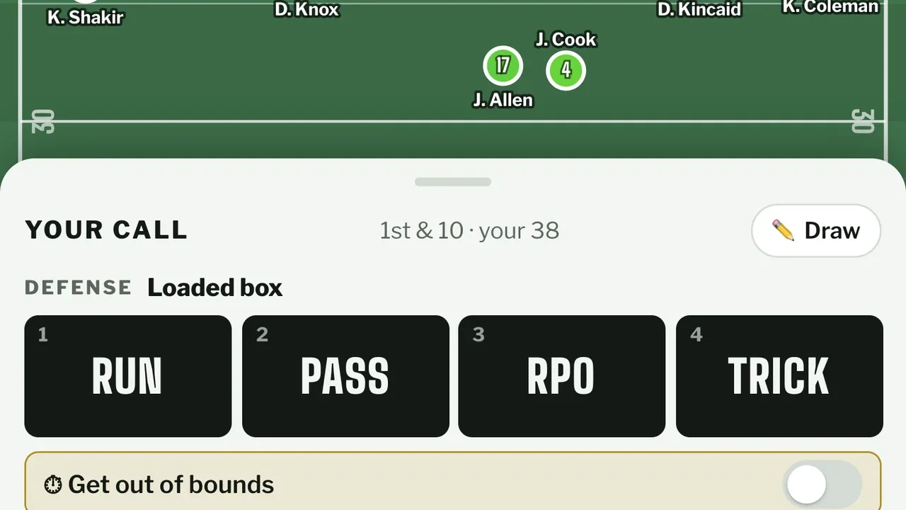 Four numbered call buttons for run, pass, RPO and trick, first and ten at the Bills 38 against a loaded box