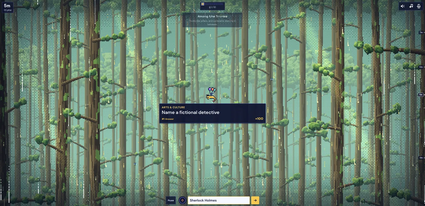 Five metres up among the tree trunks with 55 points banked and the detective answer held as the first name on the board