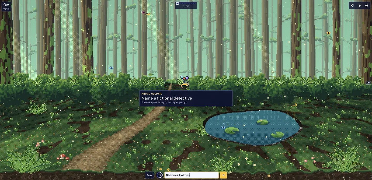 Forest prompt asking for a fictional detective with Sherlock Holmes typed in the answer bar, timer at 19, altitude 0m