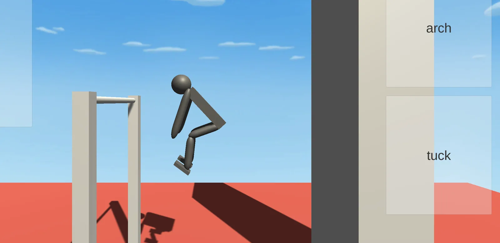 Ragdoll released from the bar, floating above the red floor with knees tucked and both arms thrown wide