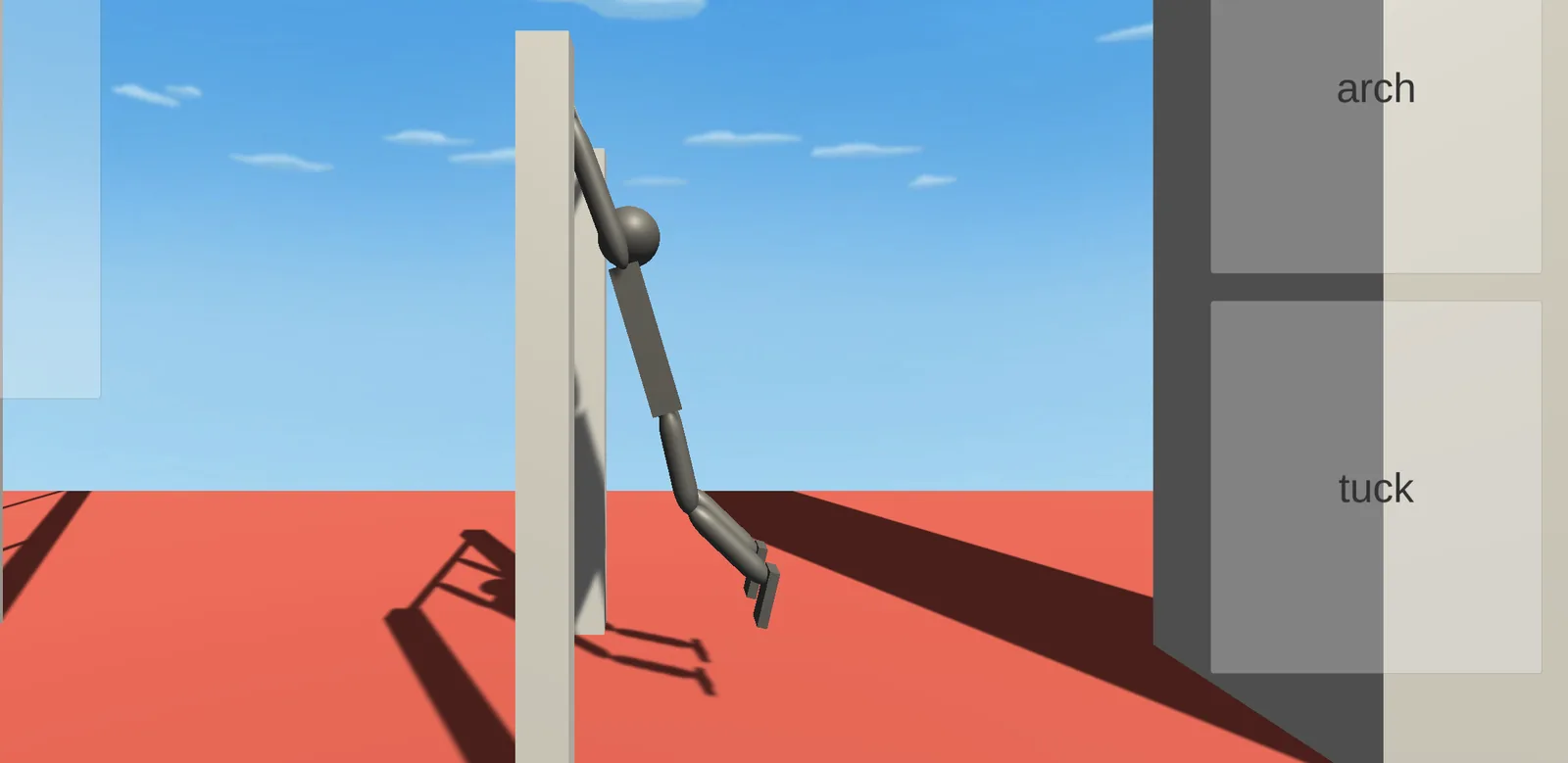Ragdoll gymnast braced against the pale bar with both hands on the post and one foot kicked out behind during the arch hold