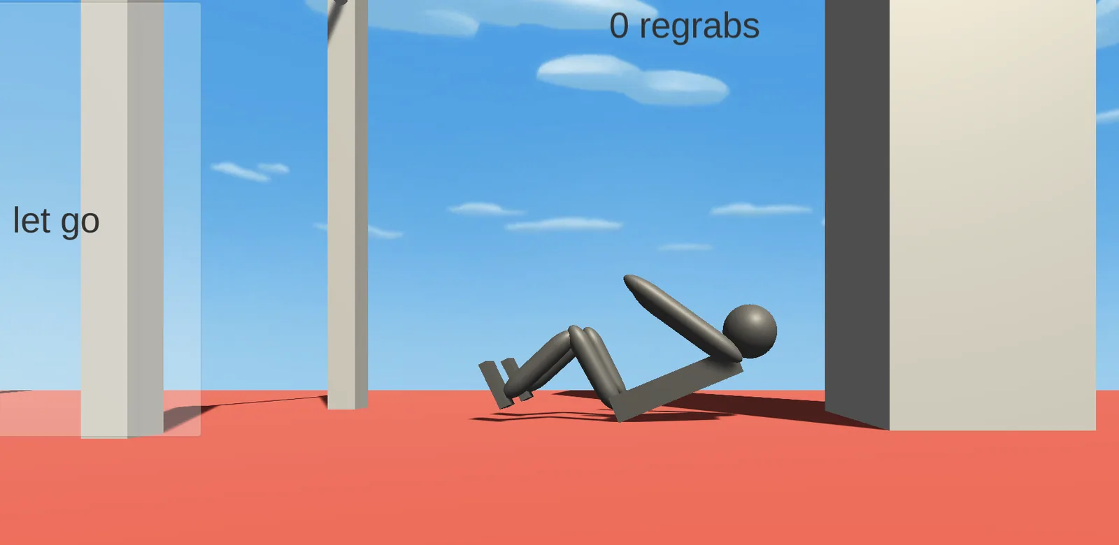 Ragdoll sitting up on one elbow on the red floor, legs folded to the side and head tilted back after a missed catch